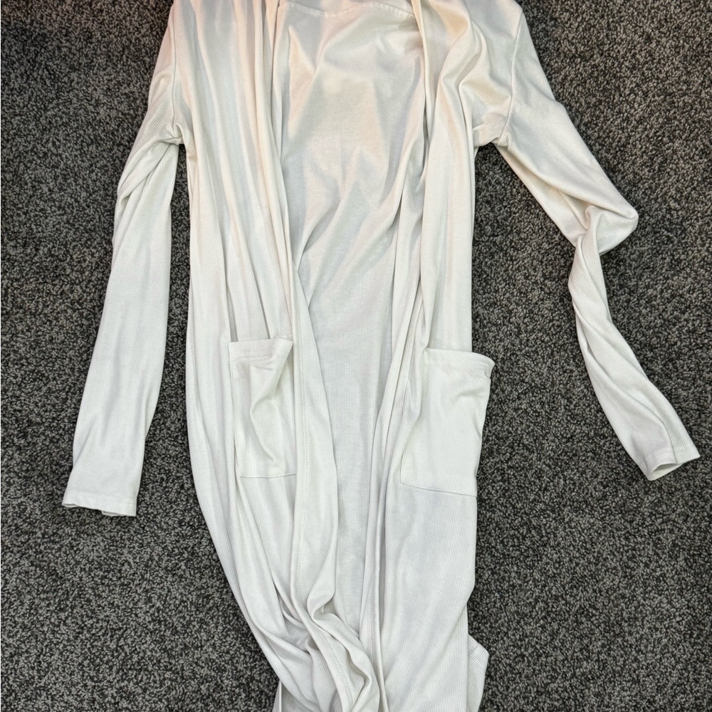 Elegant White Long Hooded Duster Cardigan